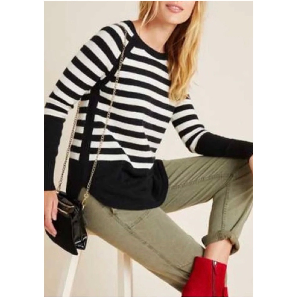 Anthropologie Striped Tunic Sweater Black White Raglan Sleeve Viscose Blend M